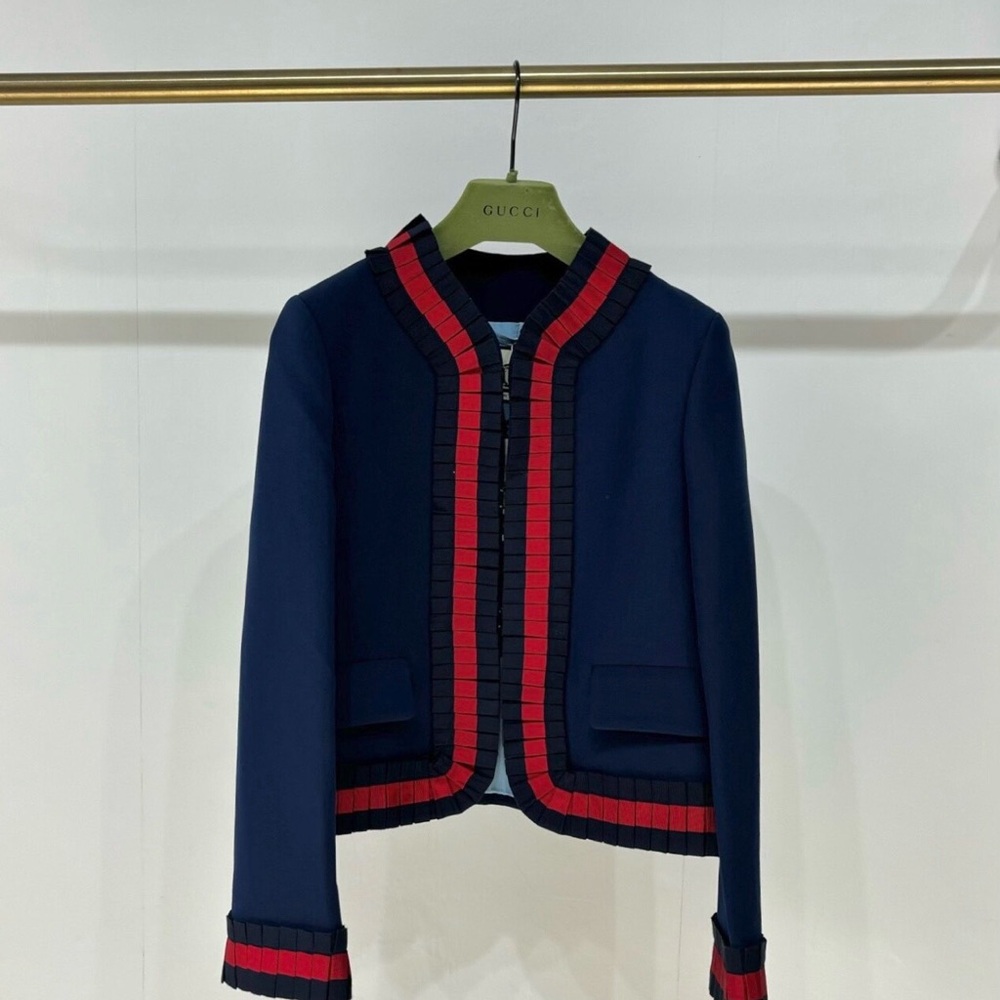 🚩steal authentic Gucci Dark Blue Blazer with Vibrant Red Accents